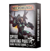 A black card box shown from the front and right side, with an illustration of a red-haired fighter in teal and dark armor holding weapons. The front reads “NECROMUNDA” and “SPYRE HUNTING PARTY GANG TACTICS CARDS”; the spine repeats the card set title.