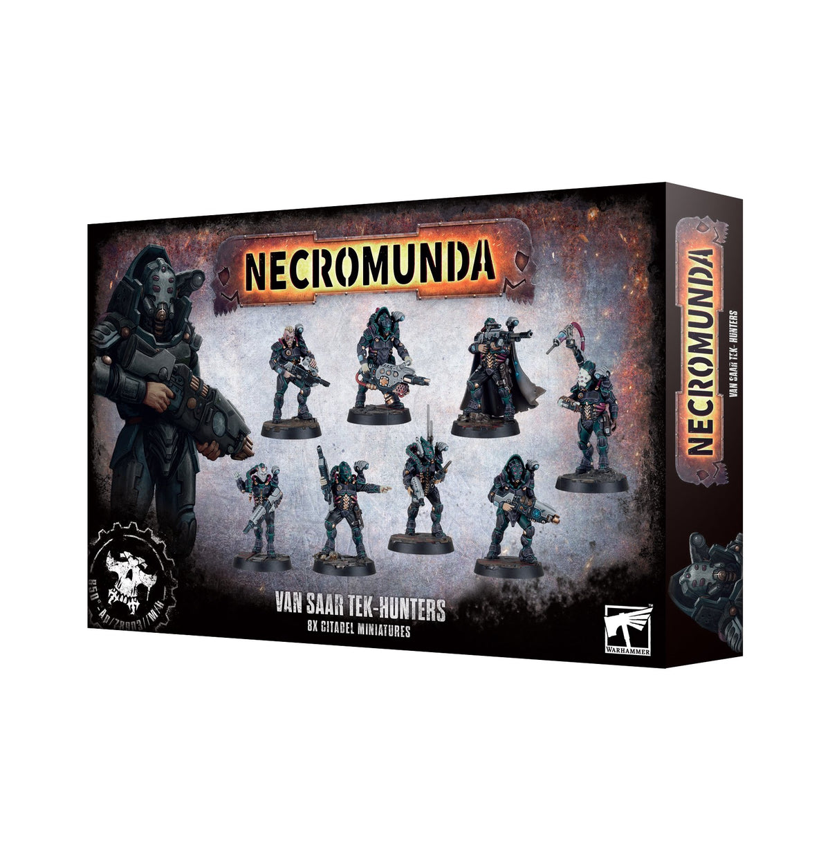 Box for Necromunda miniatures, shown from the front and right side. The front depicts eight armored sci-fi figures with weapons against a distressed gray and rust-colored background, with the text “NECROMUNDA” and “VAN SAAR TEK-HUNTERS”; the side repeats the title.