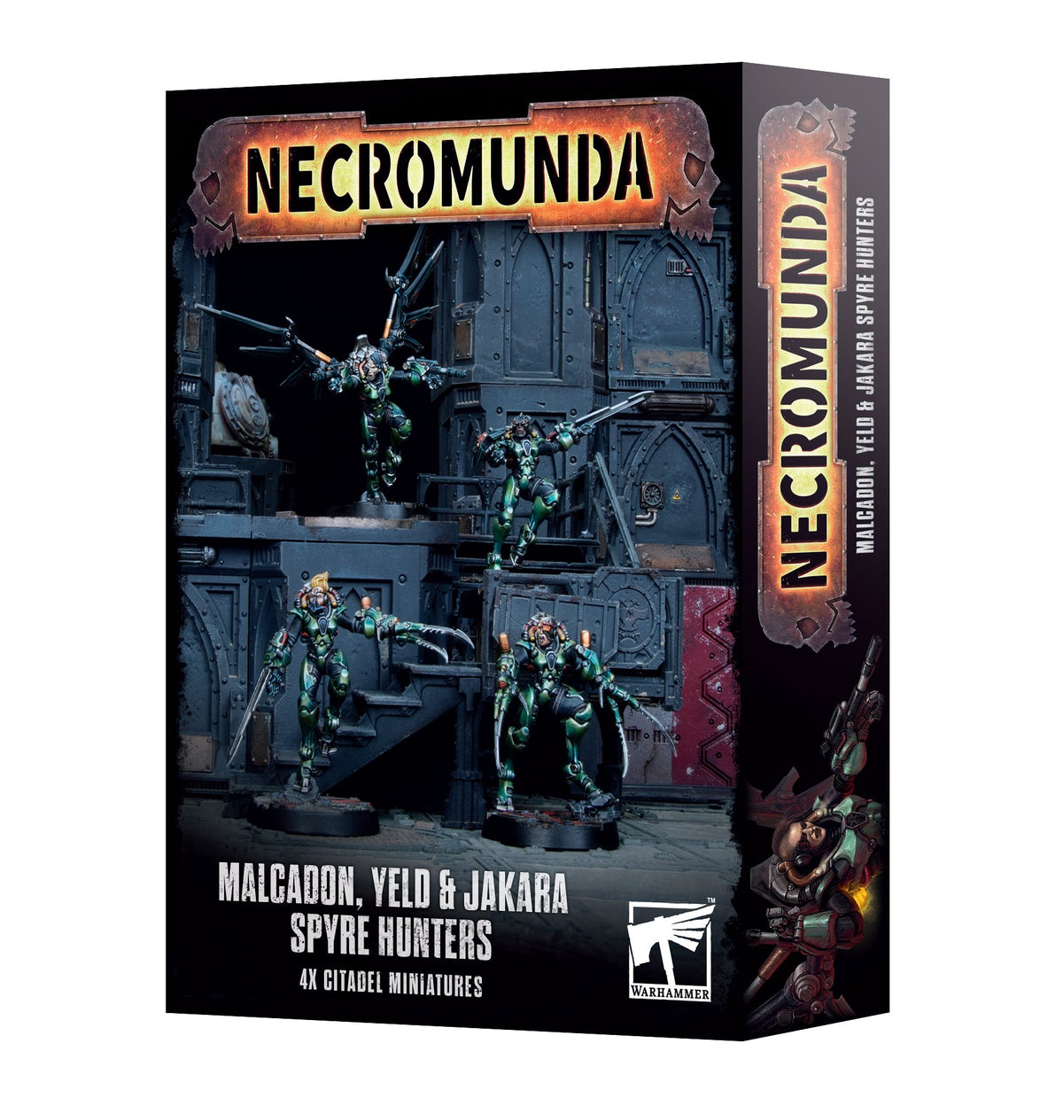 Black Necromunda miniatures box with artwork of four green-armored Spyre Hunters against a dark industrial backdrop; the side panel shows another armored figure. The front reads “NECROMUNDA” and “MALCADON, YELD & JAKARA SPYRE HUNTERS.”