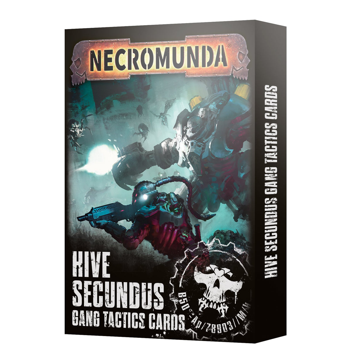 Box for a card game, shown from the front and right side. The dark cover depicts armored fighters in a blue-green battle scene with a skull emblem and the text “NECROMUNDA” and “HIVE SECUNDUS GANG TACTICS CARDS”; the title repeats vertically on the side.