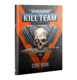 Hardcover Kill Team Core Book shown upright, with its orange, black and gray front cover and narrow spine visible. A skull with a glowing red eye sits behind a horizontal blade; the cover reads “WARHAMMER 40,000,” “KILL TEAM” and “CORE BOOK.”