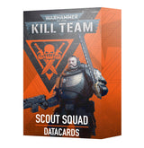 Front of a Kill Team Scout Squad Datacards box, illustrated with an armored soldier holding a long sword and rifle against an orange and charcoal background with a skull emblem. The box reads “WARHAMMER 40,000,” “KILL TEAM,” “SCOUT SQUAD” and “DATACARDS.”