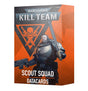 Front of a Kill Team Scout Squad Datacards box, illustrated with an armored soldier holding a long sword and rifle against an orange and charcoal background with a skull emblem. The box reads “WARHAMMER 40,000,” “KILL TEAM,” “SCOUT SQUAD” and “DATACARDS.”