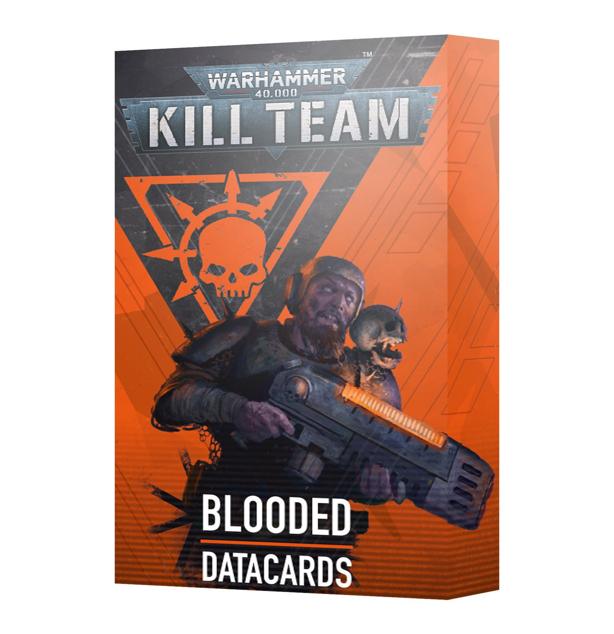 A rectangular orange-and-charcoal Kill Team Blooded datacards box, shown at an angle with its front and right side visible. The front features an armored figure holding a large weapon beneath a skull emblem and the text “WARHAMMER 40,000,” “KILL TEAM,” “BLOODED” and “DATACARDS.”