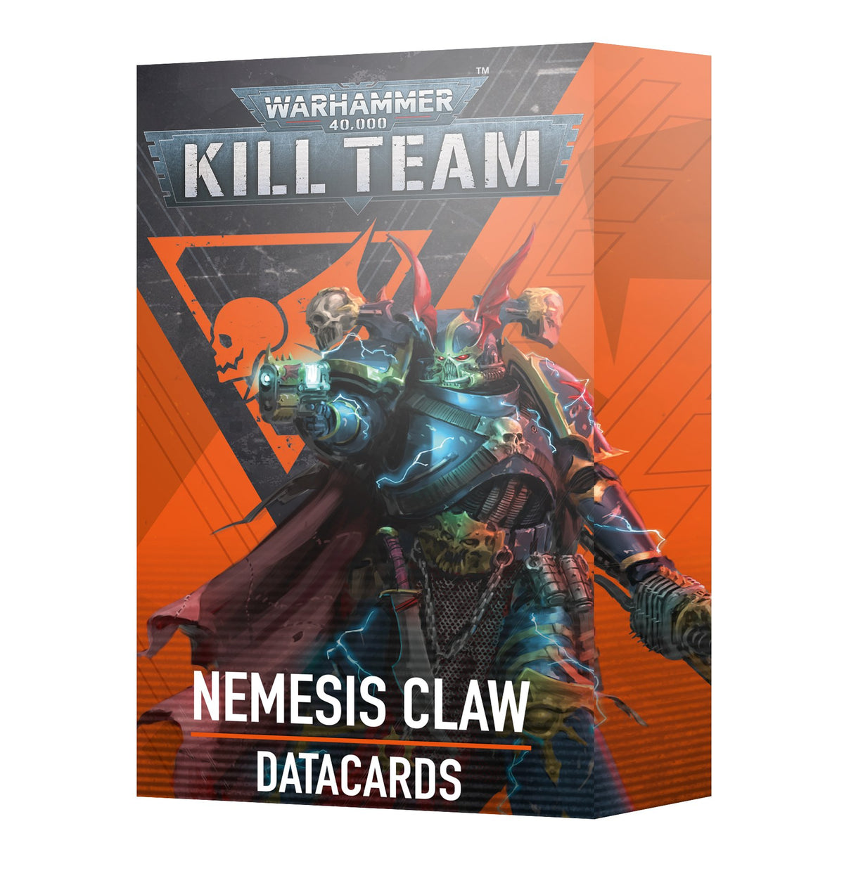 Angled box for Nemesis Claw datacards, with dark armored sci-fi warriors against a charcoal and bright orange graphic background. The front reads “WARHAMMER 40,000,” “KILL TEAM,” “NEMESIS CLAW” and “DATACARDS.”