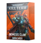 Angled box for Nemesis Claw datacards, with dark armored sci-fi warriors against a charcoal and bright orange graphic background. The front reads “WARHAMMER 40,000,” “KILL TEAM,” “NEMESIS CLAW” and “DATACARDS.”