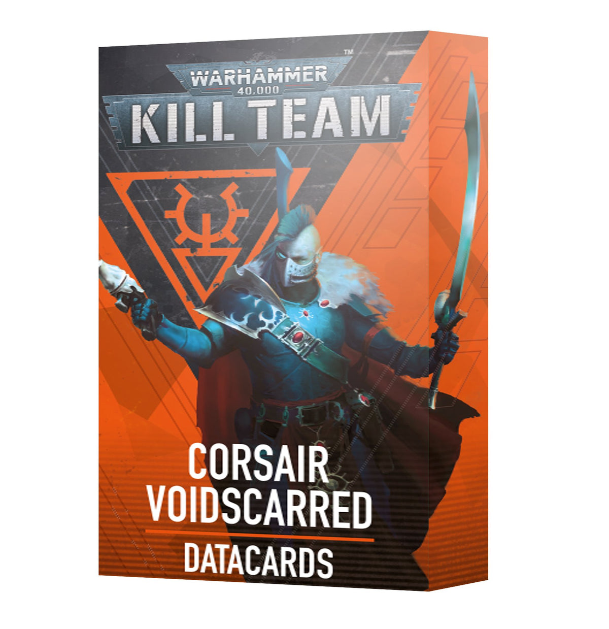 Front of an orange and charcoal Kill Team datacards box featuring a blue-armored, masked warrior holding curved blades. The cover reads “WARHAMMER 40,000,” “KILL TEAM,” “CORSAIR VOIDSCARRED” and “DATACARDS.”