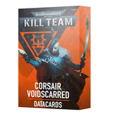 Front of an orange and charcoal Kill Team datacards box featuring a blue-armored, masked warrior holding curved blades. The cover reads “WARHAMMER 40,000,” “KILL TEAM,” “CORSAIR VOIDSCARRED” and “DATACARDS.”