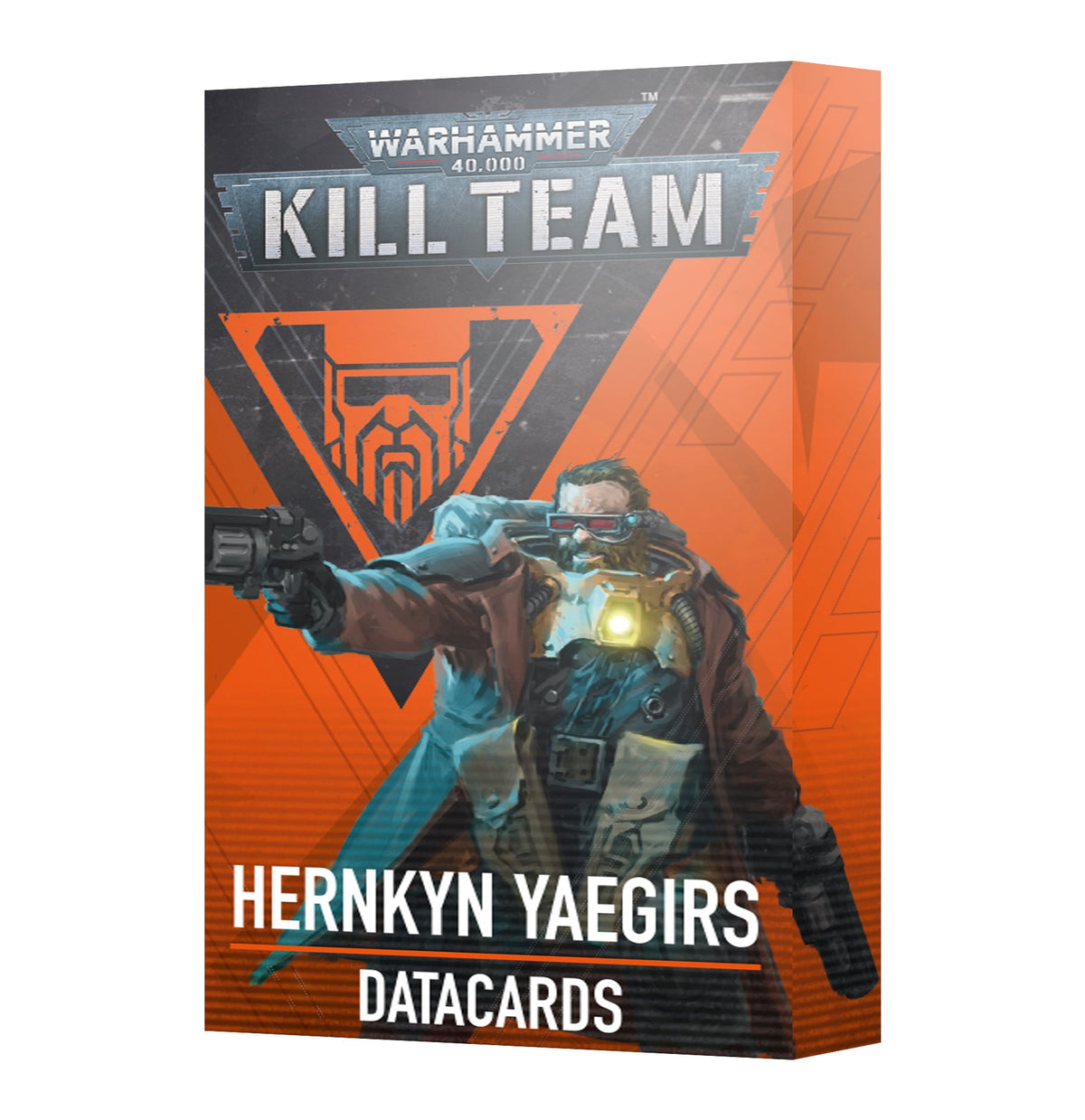 A boxed set of Hernkyn Yaegirs datacards shown from the front and right side, with dark gray and bright orange packaging featuring an armored figure aiming a gun. The front reads “WARHAMMER 40,000,” “KILL TEAM,” “HERNKYN YAEGIRS,” and “DATACARDS.”