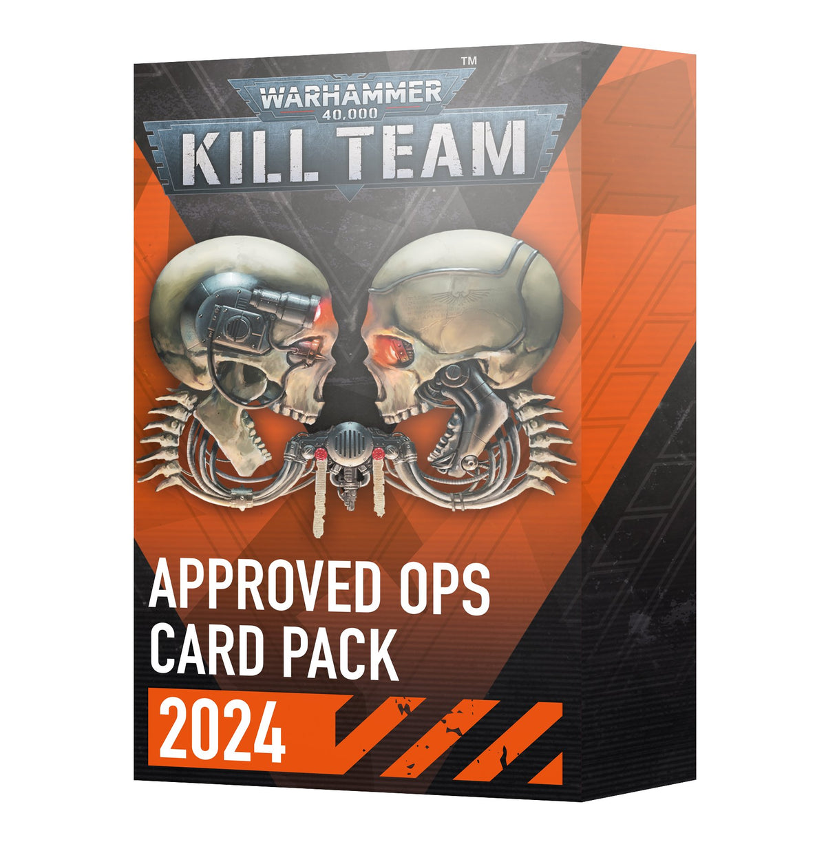 Front of a black, gray, and orange Kill Team card pack box, illustrated with two facing mechanical skulls and rib-like cables. The front reads “WARHAMMER 40,000,” “KILL TEAM,” “APPROVED OPS CARD PACK,” and “2024.”