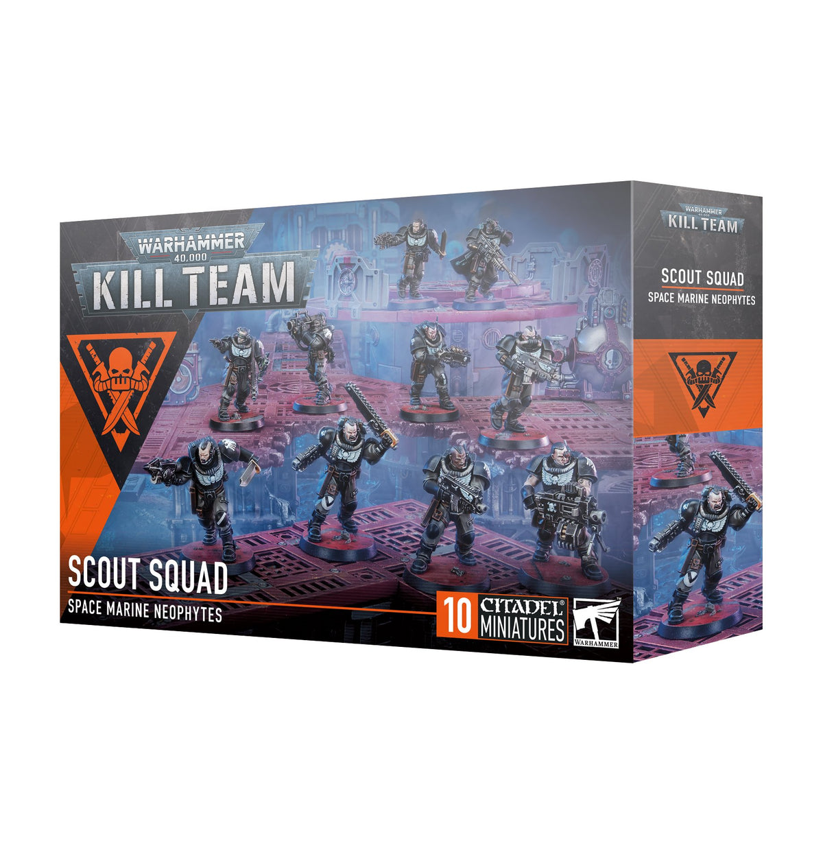 Box for a Kill Team Scout Squad set, shown from the front and right side. The blue, black, and orange packaging features armored Scout miniatures in a futuristic battlefield scene and the text “KILL TEAM,” “SCOUT SQUAD,” and “10 CITADEL MINIATURES.”