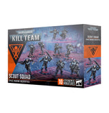Box for a Kill Team Scout Squad set, shown from the front and right side. The blue, black, and orange packaging features armored Scout miniatures in a futuristic battlefield scene and the text “KILL TEAM,” “SCOUT SQUAD,” and “10 CITADEL MINIATURES.”