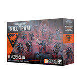 Boxed Kill Team: Nemesis Claw miniature set, with artwork of blue-armored Chaos Space Marines on red bases against a red industrial backdrop. The front reads “KILL TEAM” and “NEMESIS CLAW”; the right side panel repeats the set name.