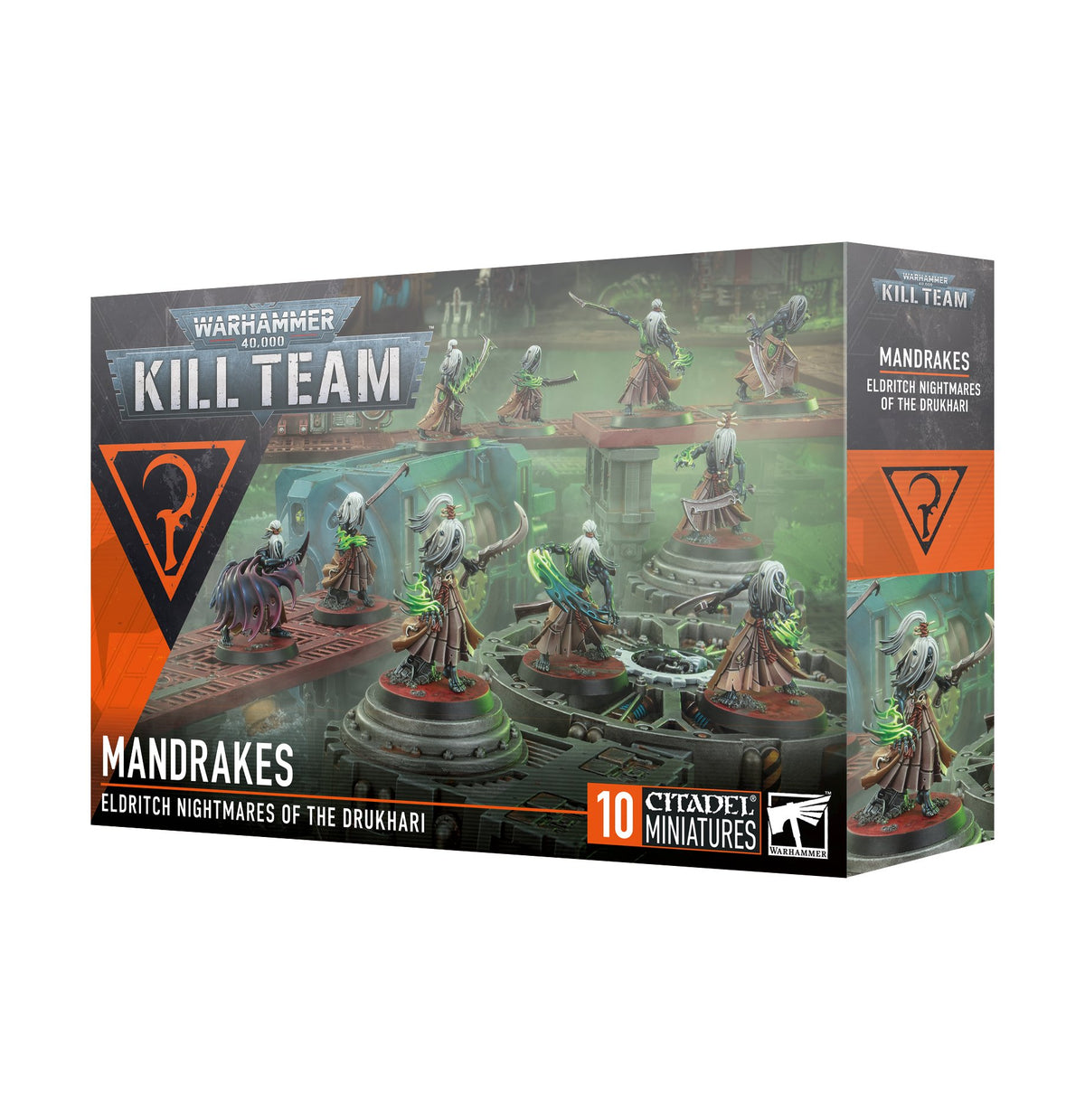 Kill Team: Mandrakes miniature set box, with artwork of hooded, pale-haired figures in dark robes and green glowing effects on a sci-fi battlefield. The front reads “KILL TEAM” and “MANDRAKES”; the narrow side repeats the Mandrakes artwork and title.