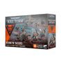 Kill Team: Hernkyn Yaegirs miniature set box shown at an angle, with the front and right side visible. The artwork shows armored sci-fi figures with orange and gray details; prominent text reads “KILL TEAM” and “HERNKYN YAEGIRS.”
