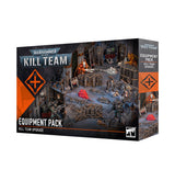 A black and orange Kill Team Equipment Pack box shown from the front and right side, with a sci-fi battle scene of miniature figures, barricades and equipment. The front reads “KILL TEAM” and “EQUIPMENT PACK”; the side reads “EQUIPMENT PACK” and “KILL TEAM UPGRADE.”