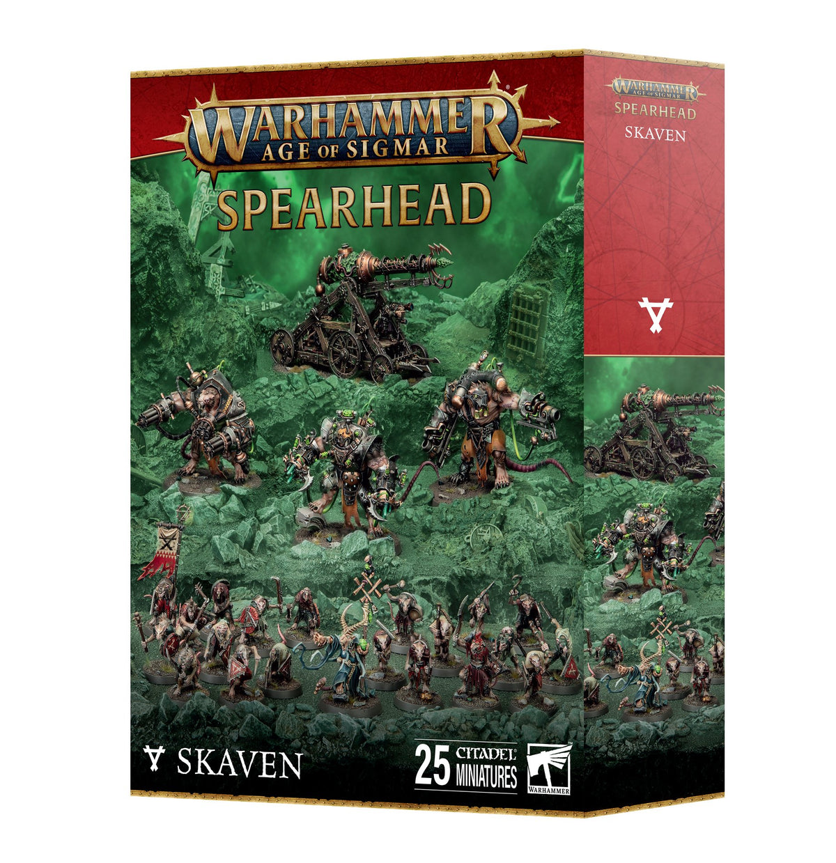 Boxed Skaven miniature set shown from the front and right side, with a green rocky battlefield scene featuring rat-like warriors, a cannon and mounted figures. The front reads “WARHAMMER AGE OF SIGMAR,” “SPEARHEAD,” “SKAVEN” and “25 CITADEL MINIATURES.”