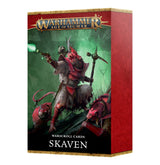 A rectangular box of Warhammer Age of Sigmar Skaven Warscroll Cards, shown from the front and right side. The front has green battlefield artwork of armored rat-like warriors, with the text “WARHAMMER AGE OF SIGMAR,” “WARSCROLL CARDS,” and “SKAVEN”; the side is red with a subtle pattern.