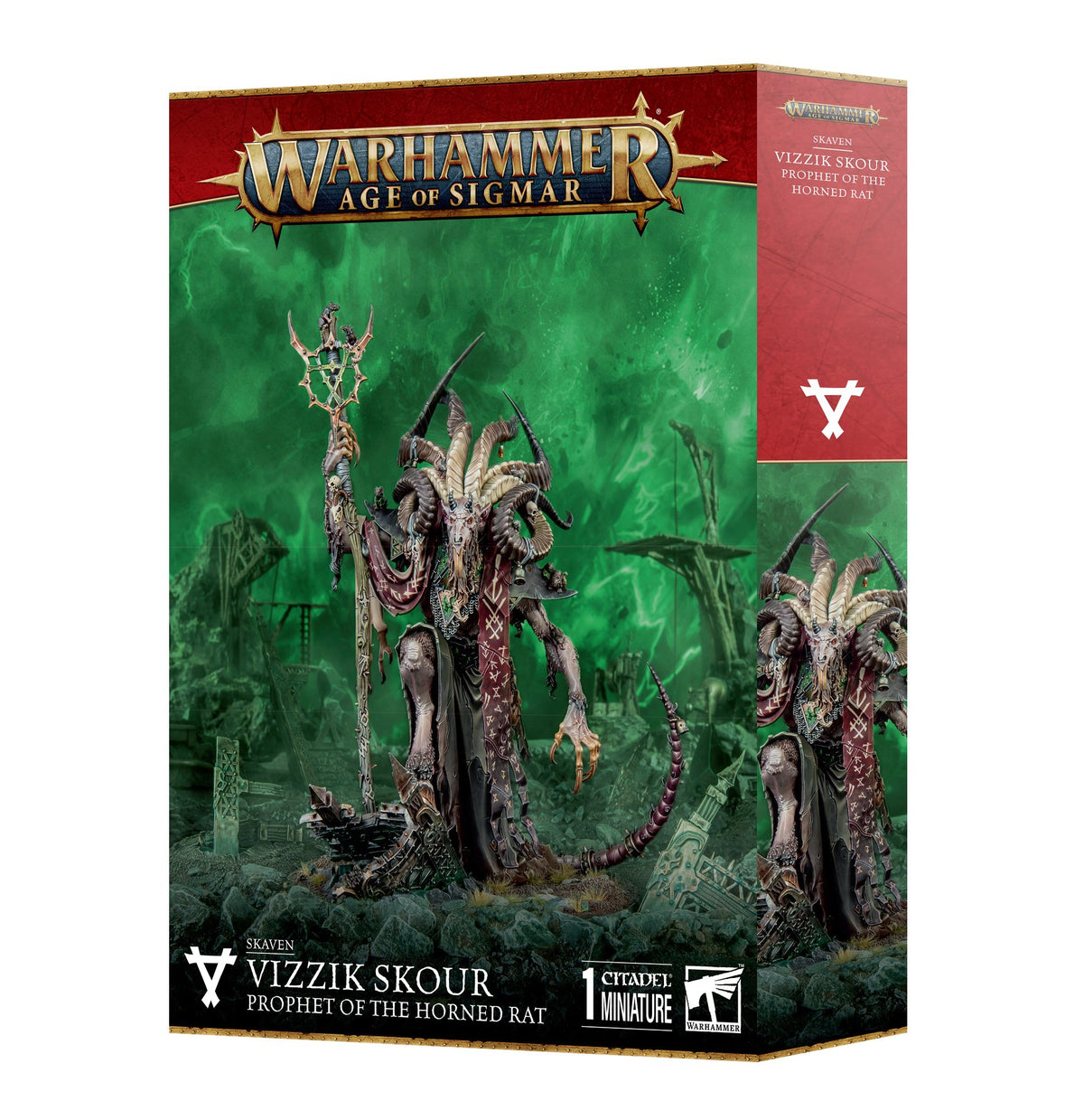 Box for a Skaven miniature, with green-and-red Warhammer artwork showing a towering horned, rat-like figure in robes holding a staff. The front reads “WARHAMMER AGE OF SIGMAR” and “VIZZIK SKOUR PROPHET OF THE HORNED RAT”; a narrow side panel repeats the figure artwork.