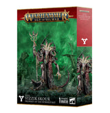 Box for a Skaven miniature, with green-and-red Warhammer artwork showing a towering horned, rat-like figure in robes holding a staff. The front reads “WARHAMMER AGE OF SIGMAR” and “VIZZIK SKOUR PROPHET OF THE HORNED RAT”; a narrow side panel repeats the figure artwork.