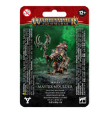 Front of a red, green and black Warhammer miniature package, with artwork of a hunched rat-like figure holding a tall hooked staff. The text reads “WARHAMMER AGE OF SIGMAR” and “SKAVEN MASTER MOULDER.”