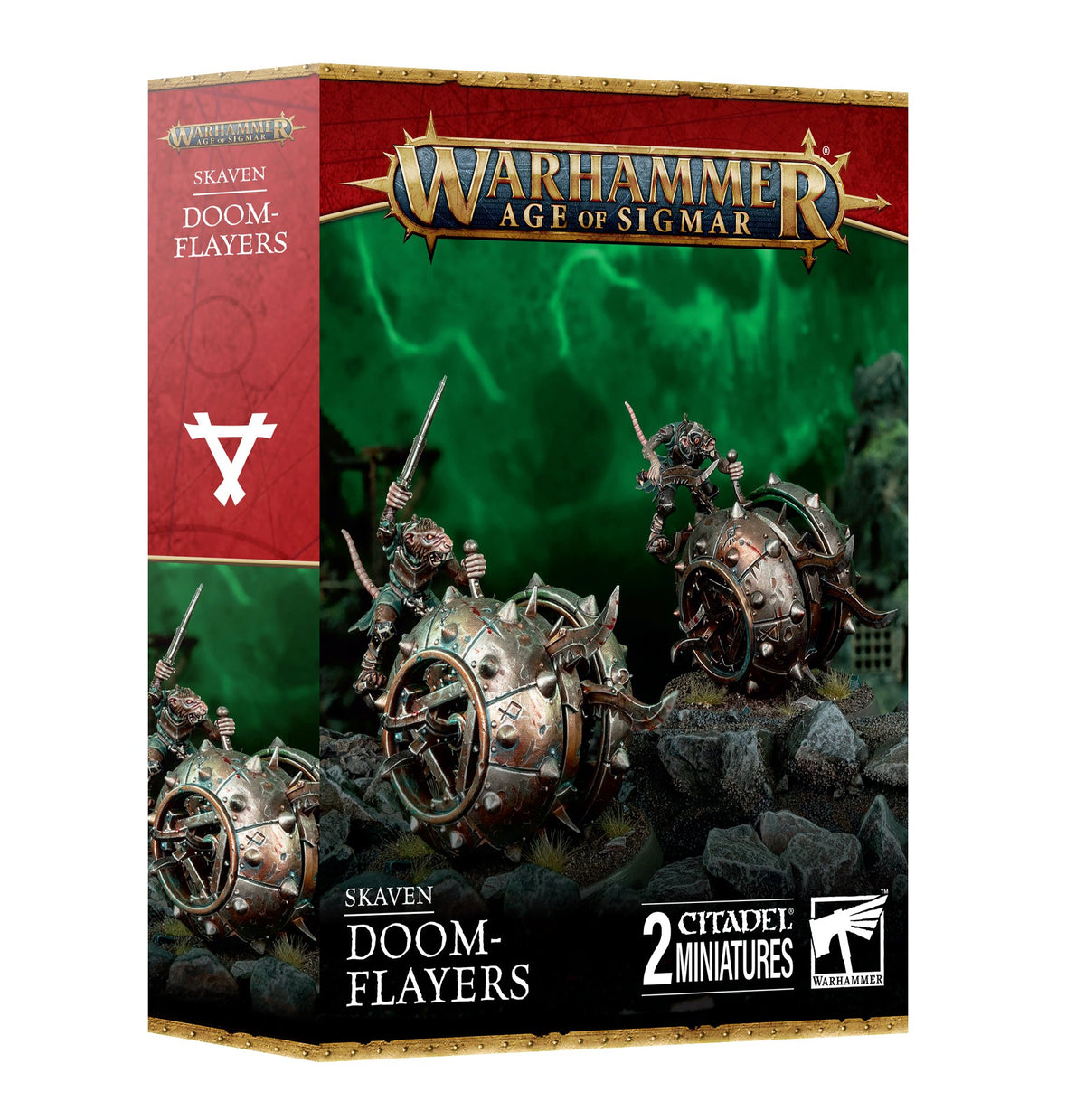 Front of a red, green and black Games Workshop box showing two spiked, weathered metal Doom-Flayer wheel machines with rat-like pilots on rocky ground. The box reads “WARHAMMER AGE OF SIGMAR,” “SKAVEN DOOM-FLAYERS” and “2 CITADEL MINIATURES.”