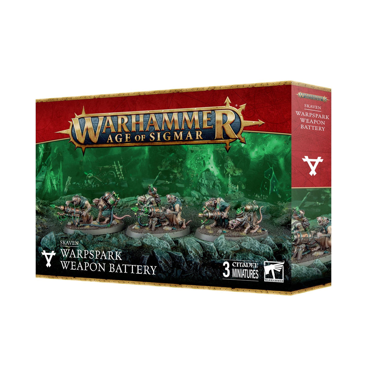 Red-and-green Warhammer miniature box shown from the front and right side, with artwork of three ratlike Skaven crews operating large weapons. The front reads “WARHAMMER AGE OF SIGMAR” and “WARSPARK WEAPON BATTERY.”