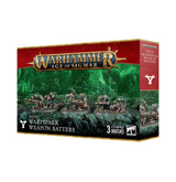 Red-and-green Warhammer miniature box shown from the front and right side, with artwork of three ratlike Skaven crews operating large weapons. The front reads “WARHAMMER AGE OF SIGMAR” and “WARSPARK WEAPON BATTERY.”