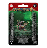 Front of a red, green, and black Warlock Galvaneer package, showing a painted ratlike figure with an ornate weapon and green energy. The card reads “WARHAMMER AGE OF SIGMAR,” “SKAVEN,” and “WARLOCK GALVANEER.”