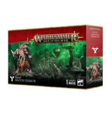 A red-and-green Warhammer Age of Sigmar Skaven Brood Terror miniature box, shown from the front and right side, features artwork of a large, clawed rat-like creature amid a dark battlefield. The front reads “WARHAMMER AGE OF SIGMAR” and “SKAVEN BROOD TERROR.”