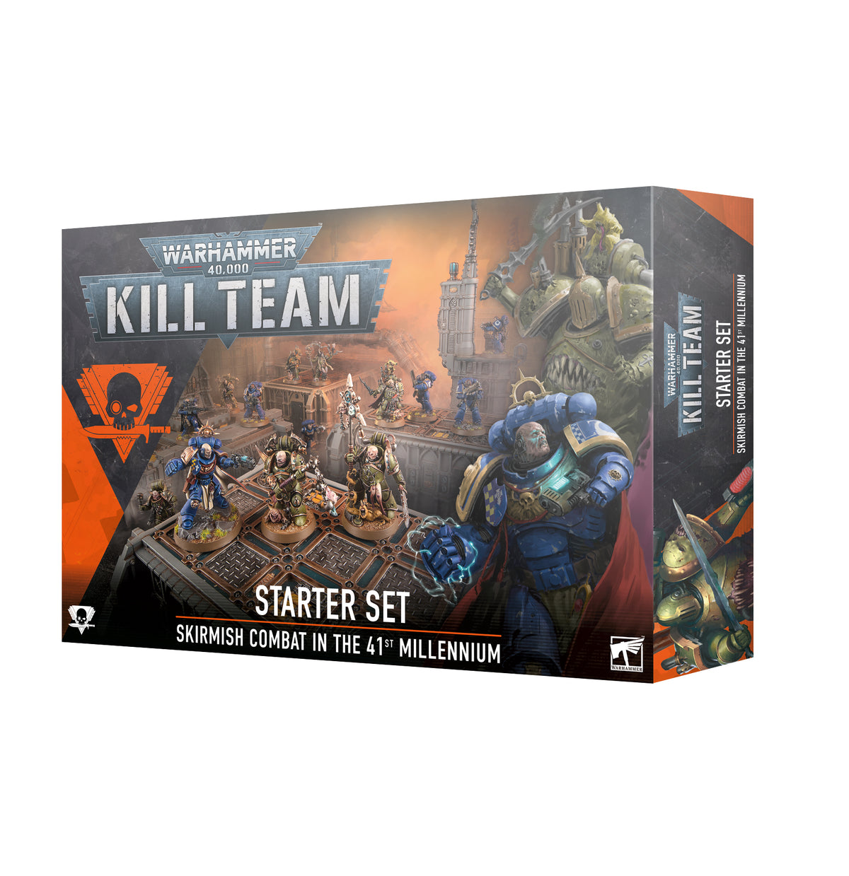 Kill Team: Starter Set box shown at an angle, with a front panel depicting blue-armored and green, battle-worn miniatures fighting across a tabletop scene and a narrow illustrated side panel. The box reads “KILL TEAM” and “STARTER SET.”