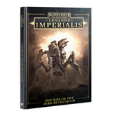 Black hardback book shown at an angle with its front cover and spine visible. The sepia cover depicts a large, spindly mechanical war machine; gold lettering reads “WARHAMMER THE HORUS HERESY,” “LEGIONS IMPERIALIS,” and “THE RISE OF THE DARK MECHANICUM.”