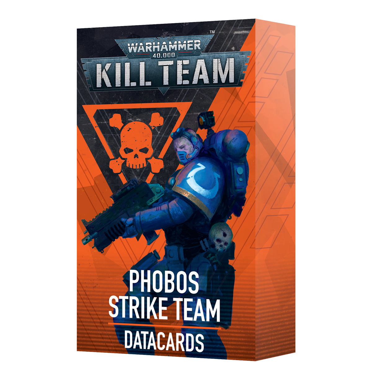 Box of Kill Team Phobos Strike Team datacards, shown from the front and right side. The black and bright orange package features a blue-armored soldier holding a gun and the text “WARHAMMER 40,000,” “KILL TEAM,” and “PHOBOS STRIKE TEAM DATACARDS.”
