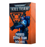 Box of Kill Team Phobos Strike Team datacards, shown from the front and right side. The black and bright orange package features a blue-armored soldier holding a gun and the text “WARHAMMER 40,000,” “KILL TEAM,” and “PHOBOS STRIKE TEAM DATACARDS.”