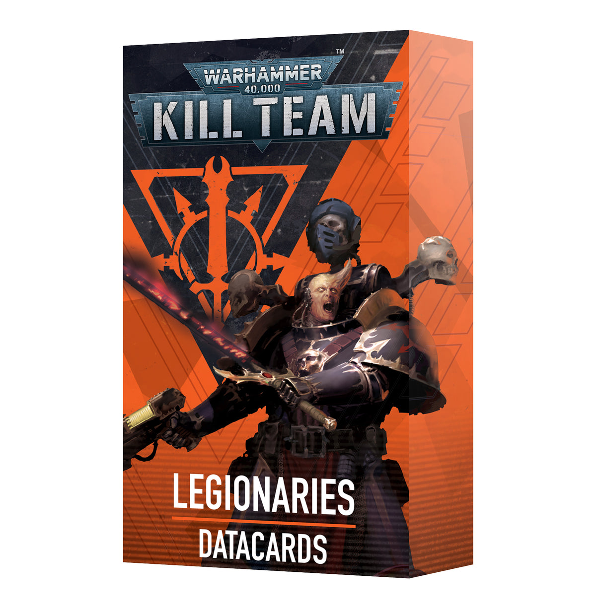 Box of Legionaries datacards shown at an angle, with a black-and-orange front and orange side panel. The artwork shows armored sci-fi warriors, and the front reads “WARHAMMER 40,000,” “KILL TEAM,” and “LEGIONARIES DATACARDS.”