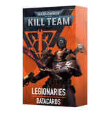 Box of Legionaries datacards shown at an angle, with a black-and-orange front and orange side panel. The artwork shows armored sci-fi warriors, and the front reads “WARHAMMER 40,000,” “KILL TEAM,” and “LEGIONARIES DATACARDS.”