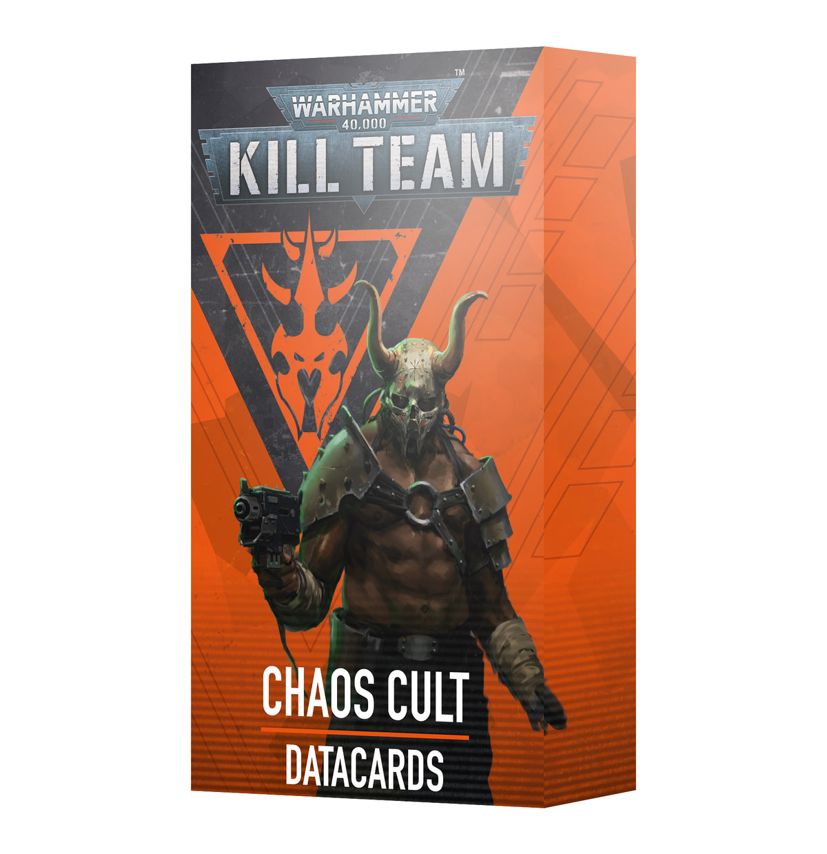 Box for Kill Team Chaos Cult datacards, shown at an angle with a dark gray and vivid orange design. The front features a horned, armored cultist holding a pistol and the text “WARHAMMER 40,000,” “KILL TEAM,” “CHAOS CULT,” and “DATACARDS.”