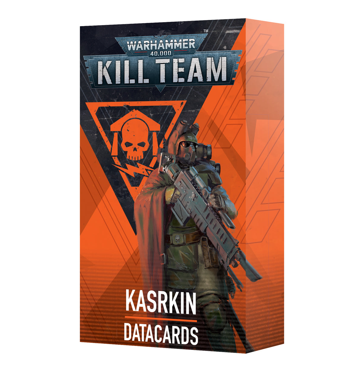 Black and bright orange Kill Team Datacards: Kasrkin box, shown at an angle with its front and right side visible. The front features an armored soldier holding a rifle beside a skull emblem, with the text “KILL TEAM” and “KASRKIN DATACARDS.”