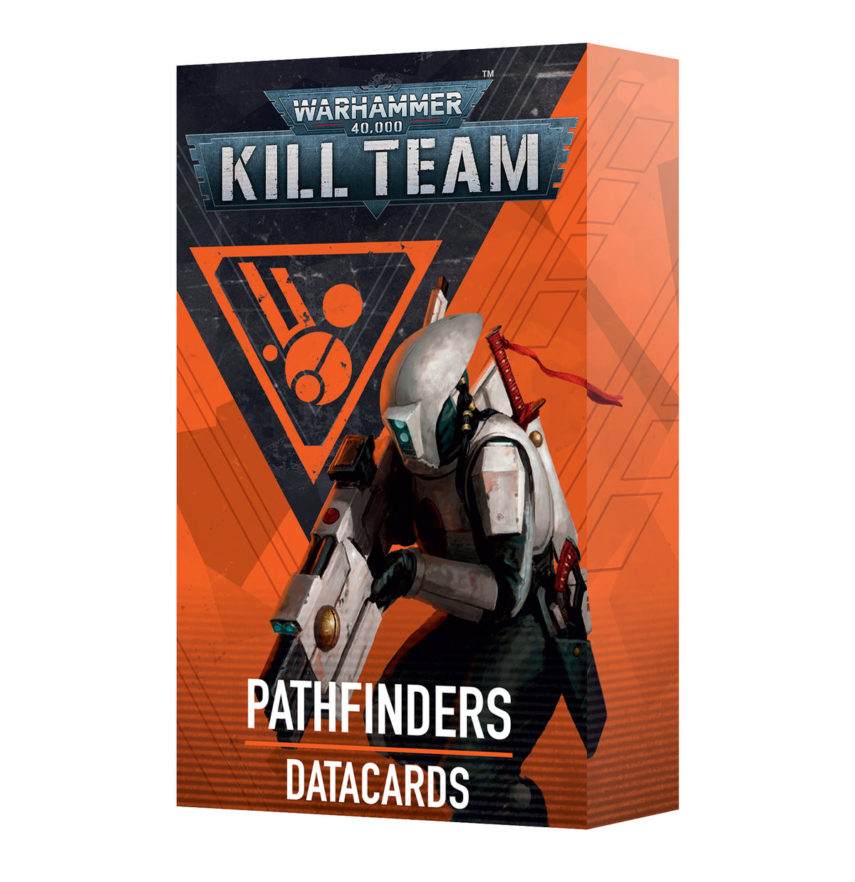 Box of Kill Team Pathfinders datacards, shown at an angle with a dark navy and bright orange design and artwork of a white-armored sci-fi soldier holding a weapon. The front reads “WARHAMMER 40,000,” “KILL TEAM,” and “PATHFINDERS DATACARDS.”