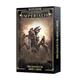 A black, gold-trimmed box of Mechanicum army cards shown at an angle, with a sepia illustration of a large mechanical walker on the front. The box reads “WARHAMMER THE HORUS HERESY,” “LEGIONS IMPERIALIS,” and “MECHANICUM ARMY CARDS.”