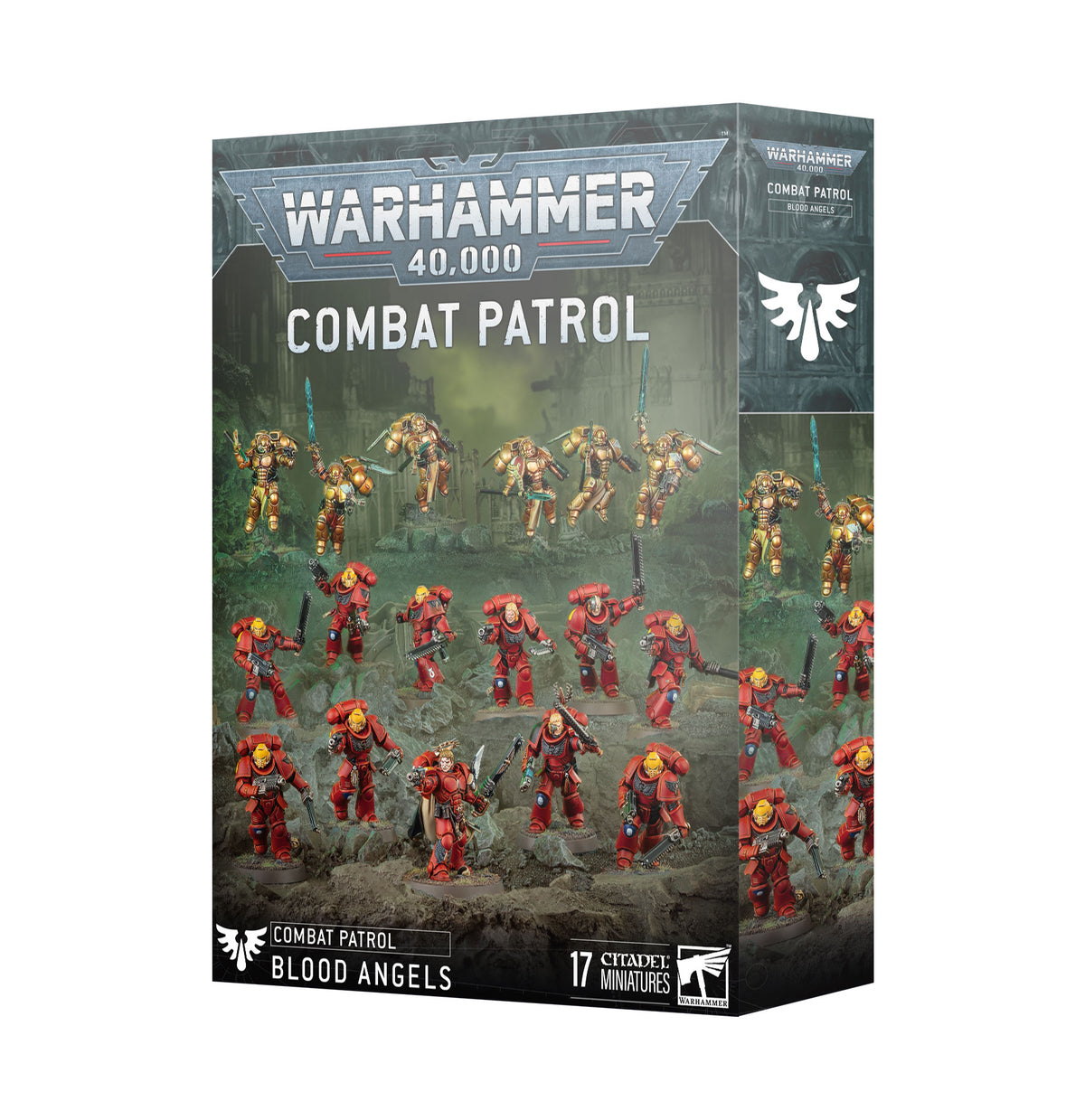 Box for a Warhammer 40,000 miniature set, shown from the front and right side. The dark green battlefield artwork features red-armored and gold-armored warriors; the front reads “WARHAMMER 40,000,” “COMBAT PATROL,” and “BLOOD ANGELS,” with “17 CITadel MINIATURES” near the bottom.