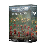 Box for a Warhammer 40,000 miniature set, shown from the front and right side. The dark green battlefield artwork features red-armored and gold-armored warriors; the front reads “WARHAMMER 40,000,” “COMBAT PATROL,” and “BLOOD ANGELS,” with “17 CITadel MINIATURES” near the bottom.