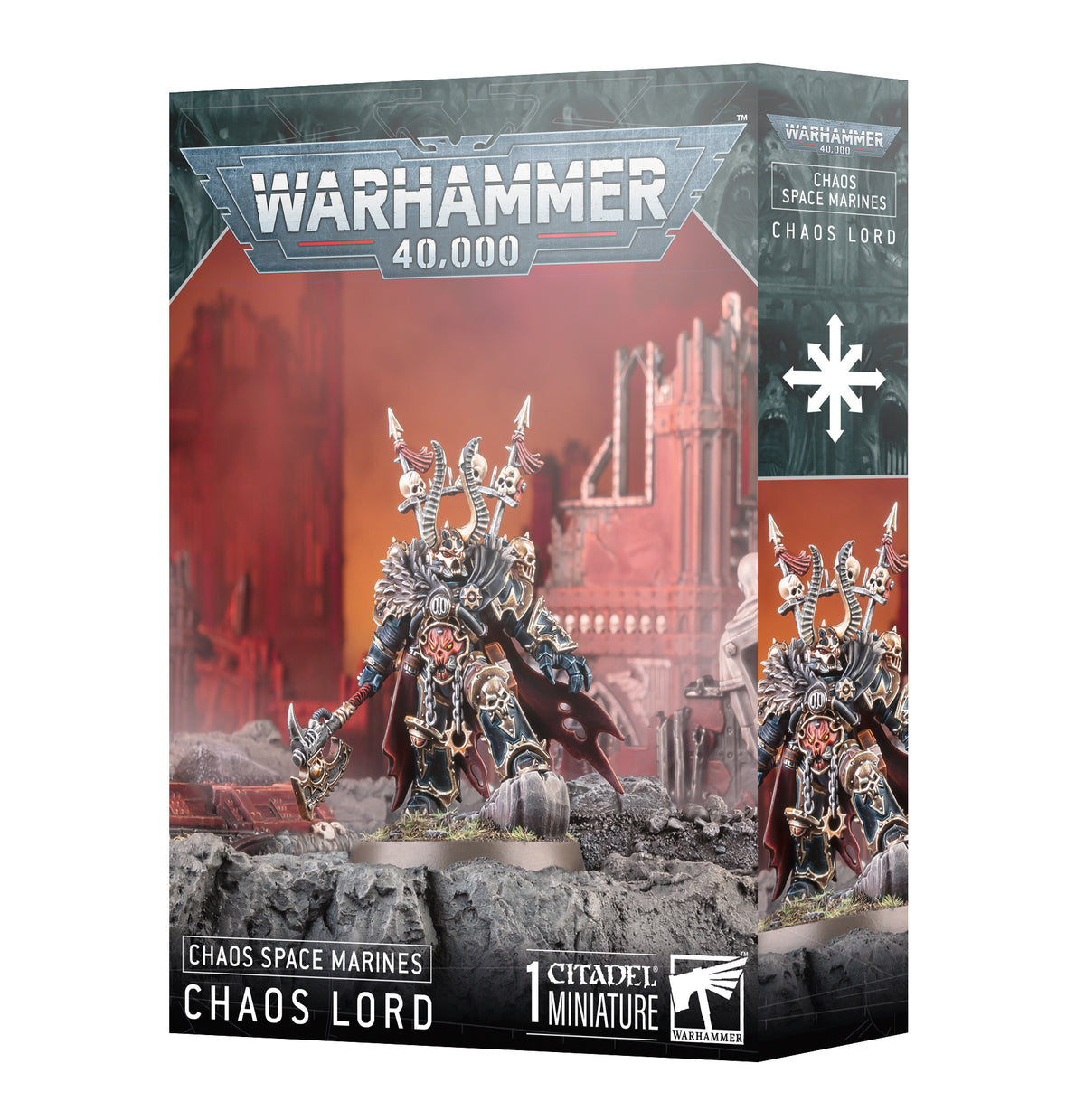 Box for a Chaos Space Marines Chaos Lord miniature, showing a heavily armored warrior with skulls, spikes, a red cape and weapon against a red ruined-city backdrop; the figure also appears on the side panel. Text reads “WARHAMMER 40,000,” “CHAOS SPACE MARINES” and “CHAOS LORD.”