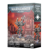 Box for a Chaos Space Marines miniature, shown from the front and right side. The front depicts an ornate dark-armored warrior with a jump pack rising over rocky ground against a red backdrop; the side repeats the artwork. Text reads “WARHAMMER 40,000” and “CHAOS LORD WITH JUMP PACK.”