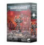 Box for a Chaos Space Marines miniature, shown from the front and right side. The front depicts an ornate dark-armored warrior with a jump pack rising over rocky ground against a red backdrop; the side repeats the artwork. Text reads “WARHAMMER 40,000” and “CHAOS LORD WITH JUMP PACK.”