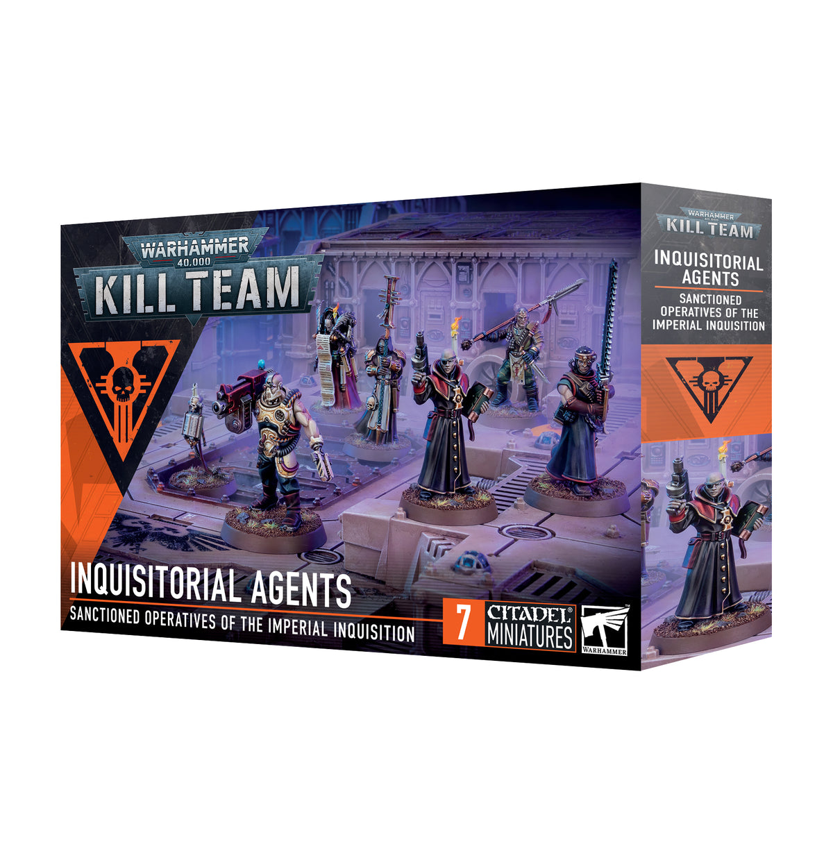 Kill Team: Inquisitorial Agents miniature set in a rectangular box, shown from the front and right side on a white background. The package features painted robed sci-fi figures and the text “KILL TEAM,” “INQUISITORIAL AGENTS” and “7 CITADEL MINIATURES.”