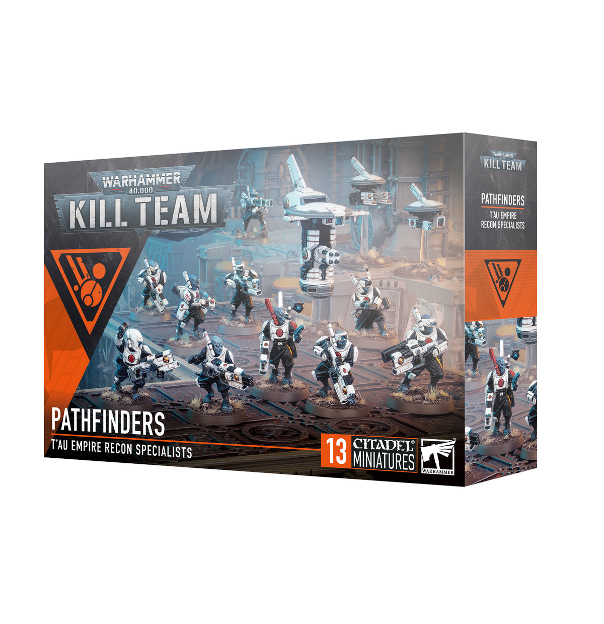 Kill Team: Pathfinders box shown from the front and right side, with artwork of white-armored sci-fi troops and drones on a dark battlefield, accented with orange and red. The front reads “KILL TEAM” and “PATHFINDERS.”
