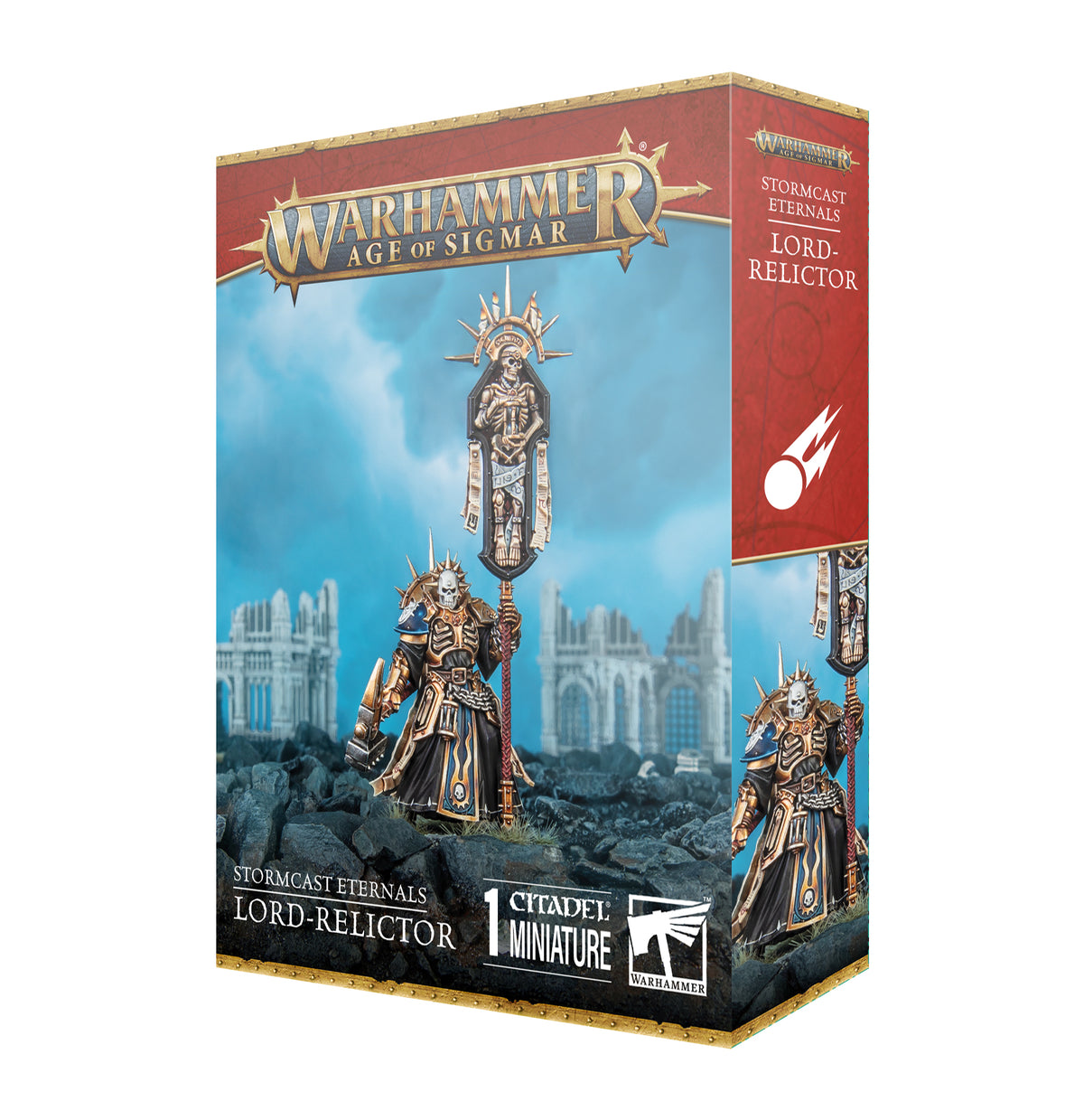 Box for a Stormcast Eternals Lord-Relictor miniature, shown at an angle with the front and right side visible. The artwork shows an armored, skull-helmed figure holding a tall staff amid ruins; the box reads “WARHAMMER AGE OF SIGMAR” and “LORD-RELICTOR.”