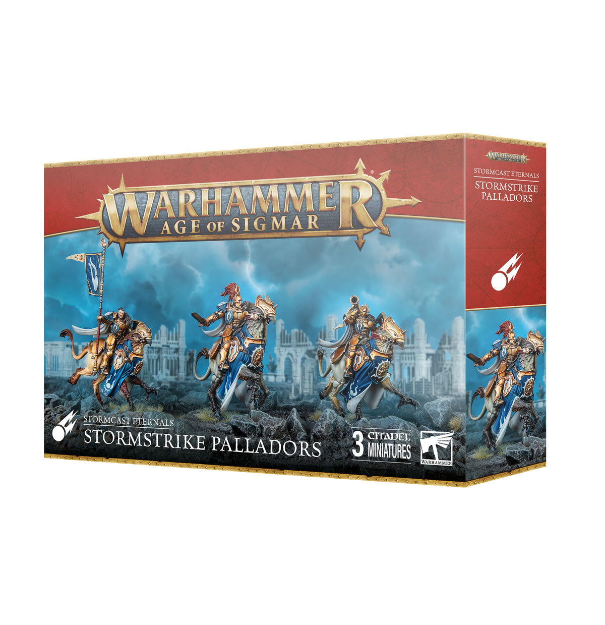 Angled red, blue and gold Warhammer box showing three mounted, blue-and-gold armored warriors on the front and one warrior on the side. The box reads “WARHAMMER AGE OF SIGMAR,” “STORMSTRIKE PALLADORS” and “3 CITADEL MINIATURES.”