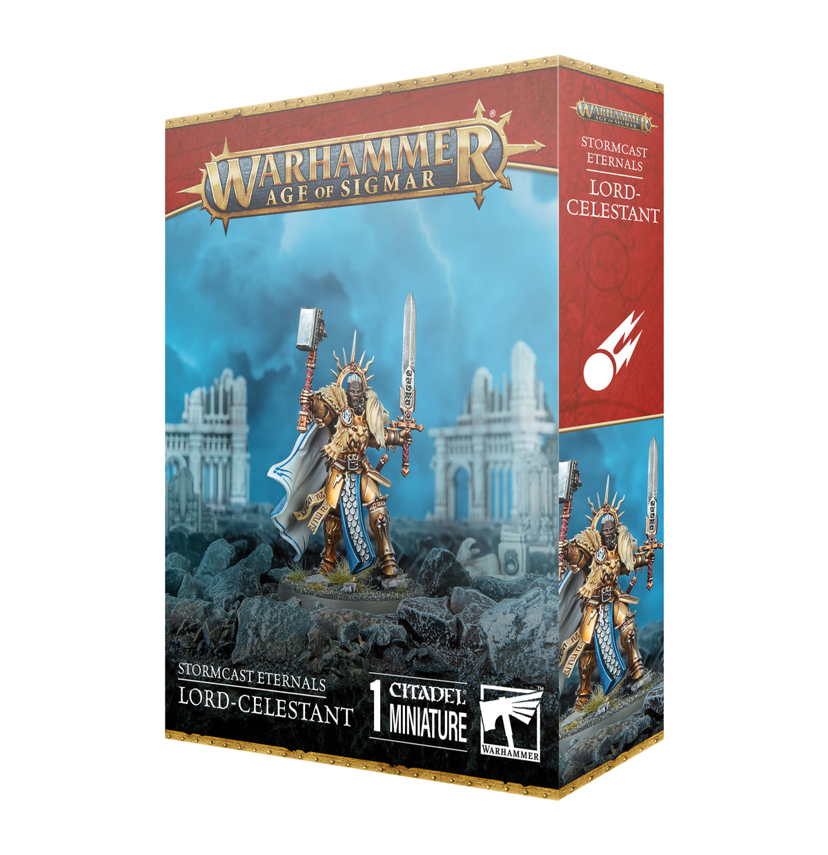 Box for a Stormcast Eternals Lord-Celestant miniature, with artwork of a gold-armored warrior holding a hammer and sword on rocky ground, wearing a blue cape. The front and right side show the figure; text reads “WARHAMMER AGE OF SIGMAR” and “LORD-CELESTANT.”